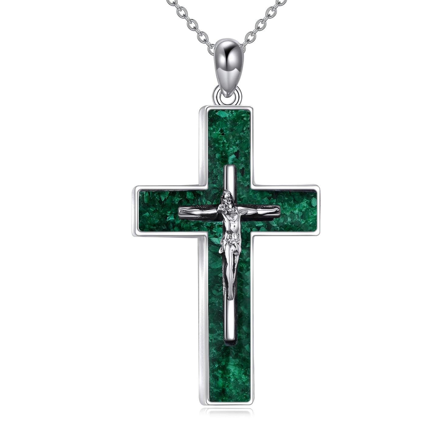 YFN Crucifix Cross Necklace Sterling Silver Jesus Cross Pendant Green Malachite Jewelry Christian Gifts for Women Men