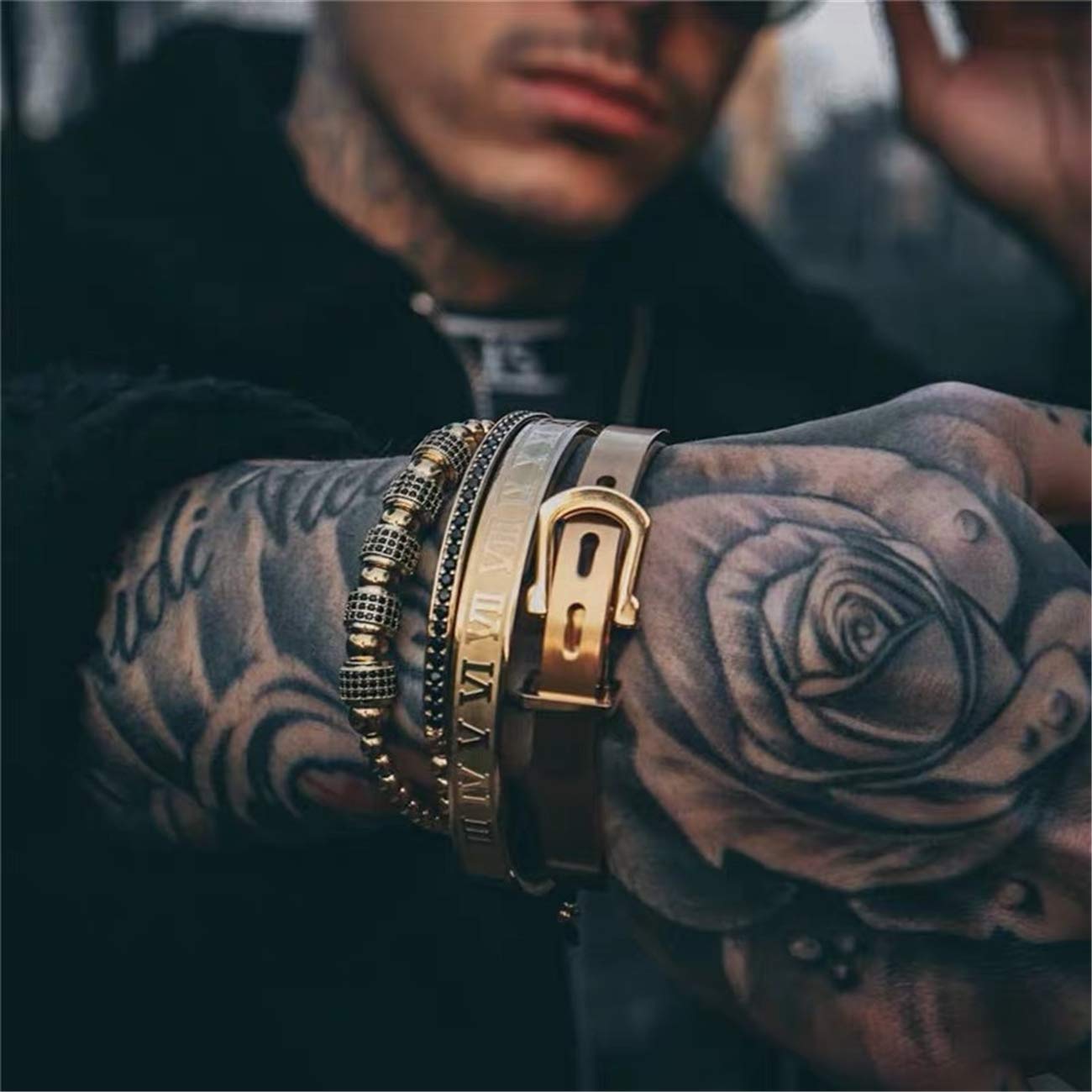 Jarlinwel Gold Silver Plated Bracelets for Men Women Roman Numeral Bangle Bracelet Stainless Steel Personalized Engraved Unisex Gift (4 Pcs Mens Gold Bangle)