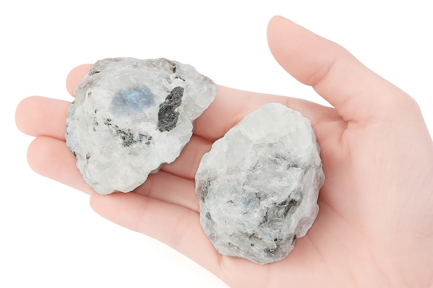 NUKAYAI 2Pcs Moonstone Crystals 1.8-2.2" Large Raw Crystals and Healing Stones Rough Rocks for DIY Wrapping Wire Cabbing Gifts Fountain Decoration Polishing Wicca Reiki Natural Rainbow Moonstone Rock