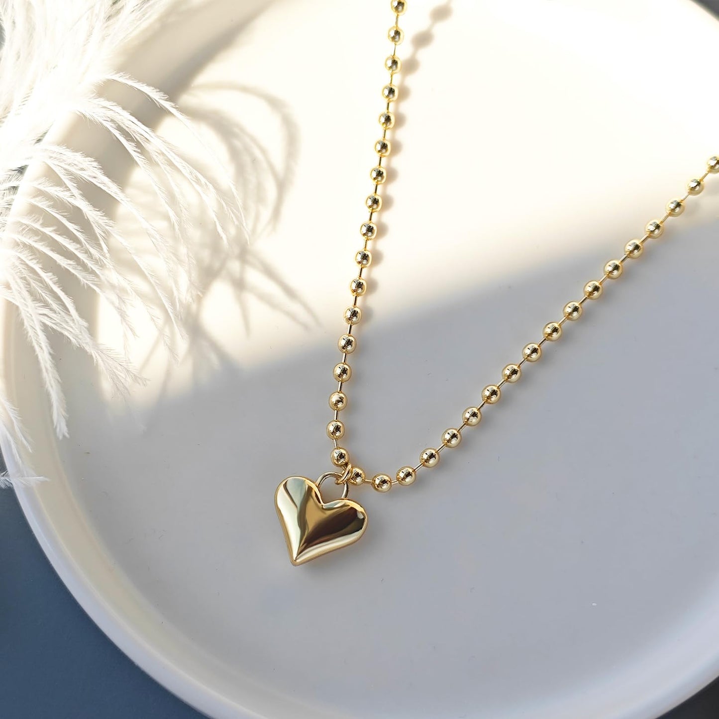 Zeffy Gold Heart Pendant Necklace Chunky Beaded Ball Chain Necklace Trendy Jewelry Dainty y2k Necklaces Gifts