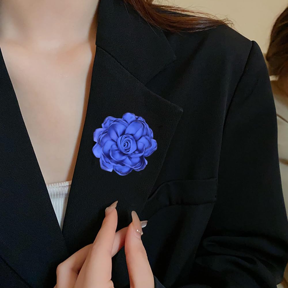 Elegant Large Cloth Flower Brooches Big Camellia Flower Pin for Women Dainty Cloth Fabric Rose Brooches Dress Skirt Scarf Hat Pins Clothing Decoration Accessories (Blue A)
