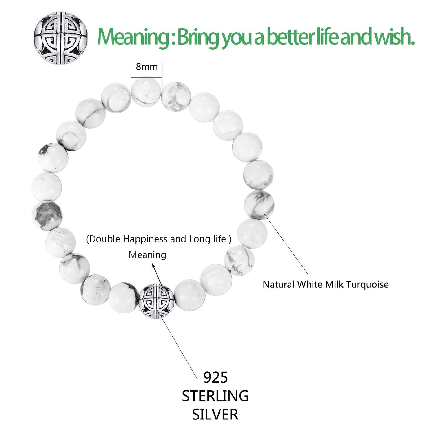 MetJakt Healing Crystals Beaded Bracelets for Womens Natural Gemstone 8mm Beads Stretch Bracelets with 925 Sterling Silver Double Happiness Pendant (Howlite)