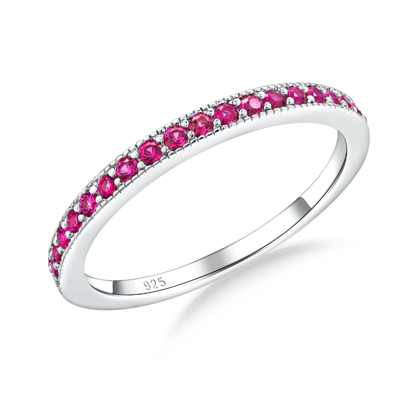 AGRULE Ruby Wedding Band 925 Sterling Silver Created July Birthstone Ring 0.4 Cttw Half Eternity Band Red Gemstone Engagement Rings Stackable Ring for Women, Size 8