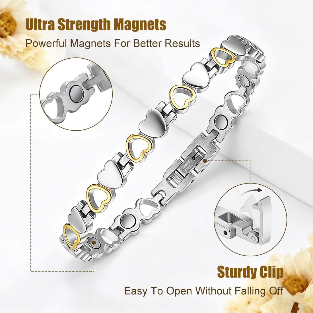 Vicmag Magnetic Bracelet for Women, Titanium Steel Bracelet with Ultra Strength Magnets, Waterproof & Adjustable, Jewelry Gift with Sizing Tool(Silver Gold Heart)