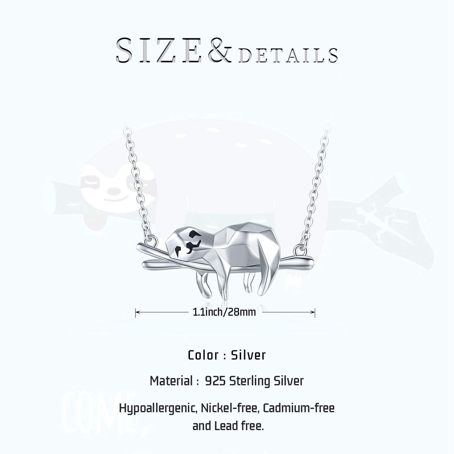 JUSTKIDSTOY Sloth Necklace Gifts Sterling Silver Cute Origami Animal Pendant Necklace Sloth Jewelry for Women Birthday Graduation