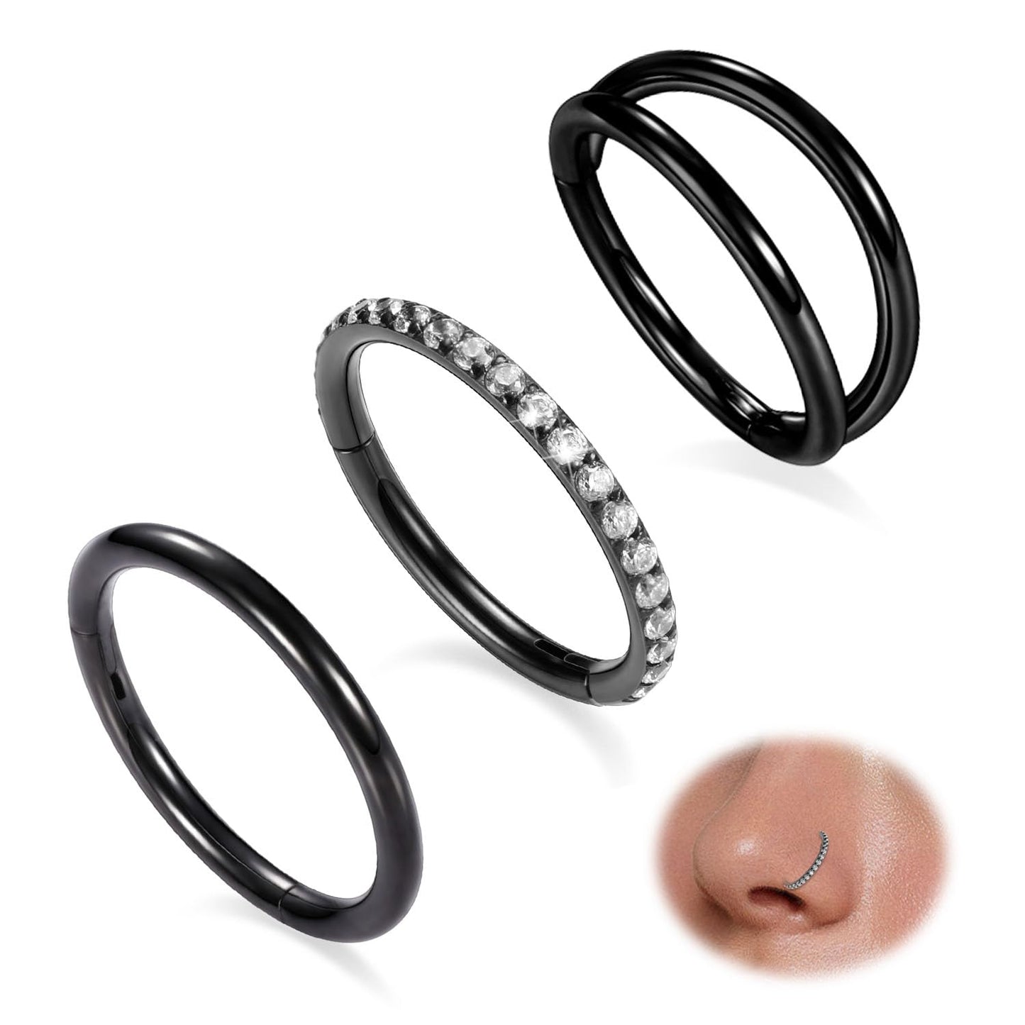 GAGABODY Unisex 16G Black Surgical Steel Multi-Use Body Jewelry - Nose Hoop, Lip, Septum, Conch, Helix, Cartilage, Ear Lobe - 3pcs with Velvet Bag
