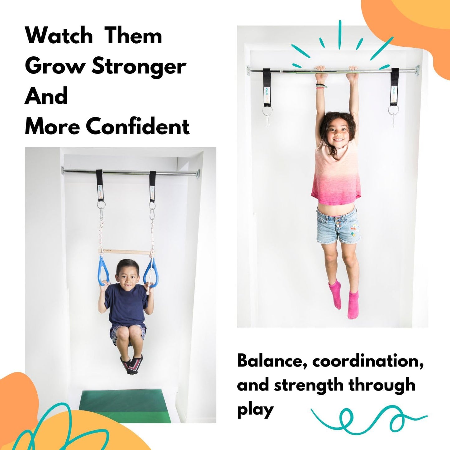 DreamGYM Doorway Swing for Kids Indoor - Trapeze Bar and Gymnastic Rings Combo and Classic Rope Swing for Doorway Gym
