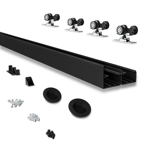 JUBEST 8FT Heavy Duty Bypass Door Hardware with Finger Pulls,Sturdy Aluminum Sliding Closet Door Track for 2 door System,Quietly and Smoothly,Fit Door Thickness 1 3/8" or 1 3/4",Easy to Install, Black