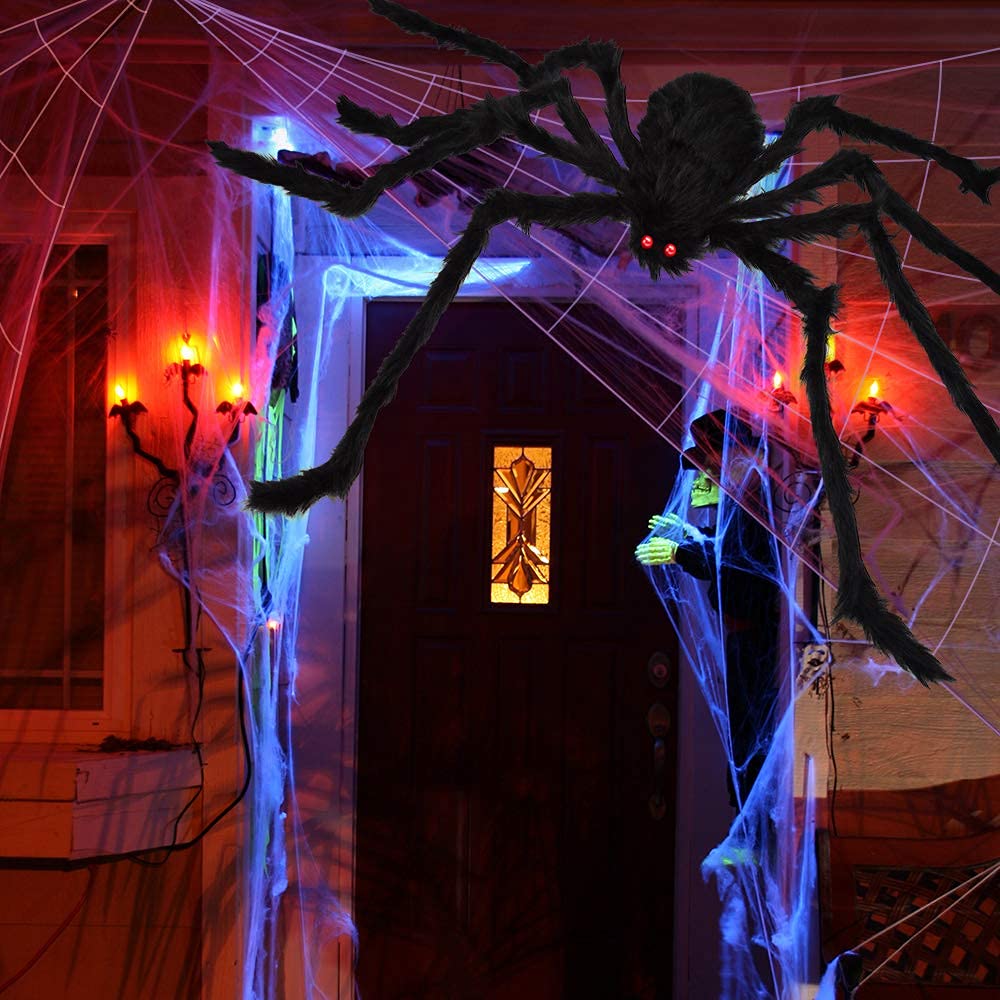 OCATO 200" Halloween Spider Web + 59" Giant Spider Decorations, Fake Spiders with Triangular Huge Spider Web, Indoor/Outdoor/Halloween Decorations/Yard/Home/Costumes Parties/Haunted House Decor, Black