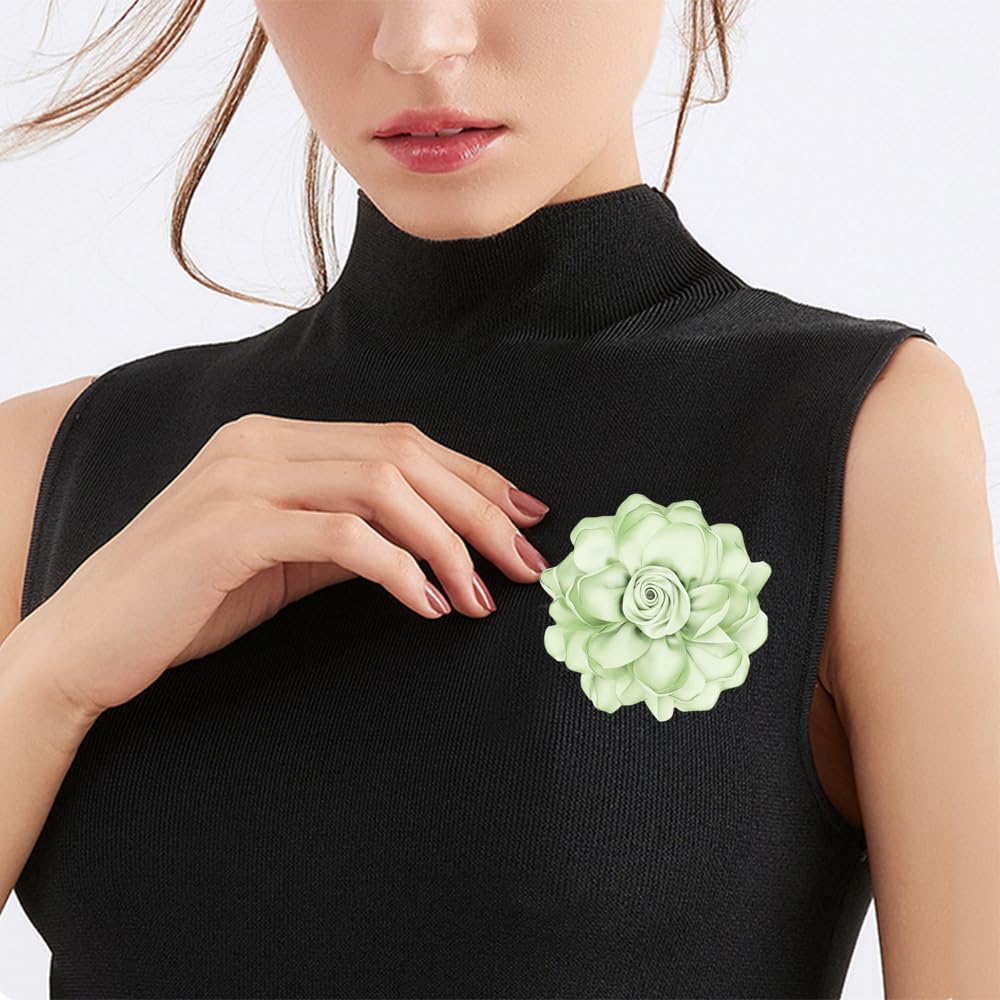 Elegant Large Cloth Flower Brooches Big Camellia Flower Pin for Women Dainty Cloth Fabric Rose Brooches Dress Skirt Scarf Hat Pins Clothing Decoration Accessories (Light green A)