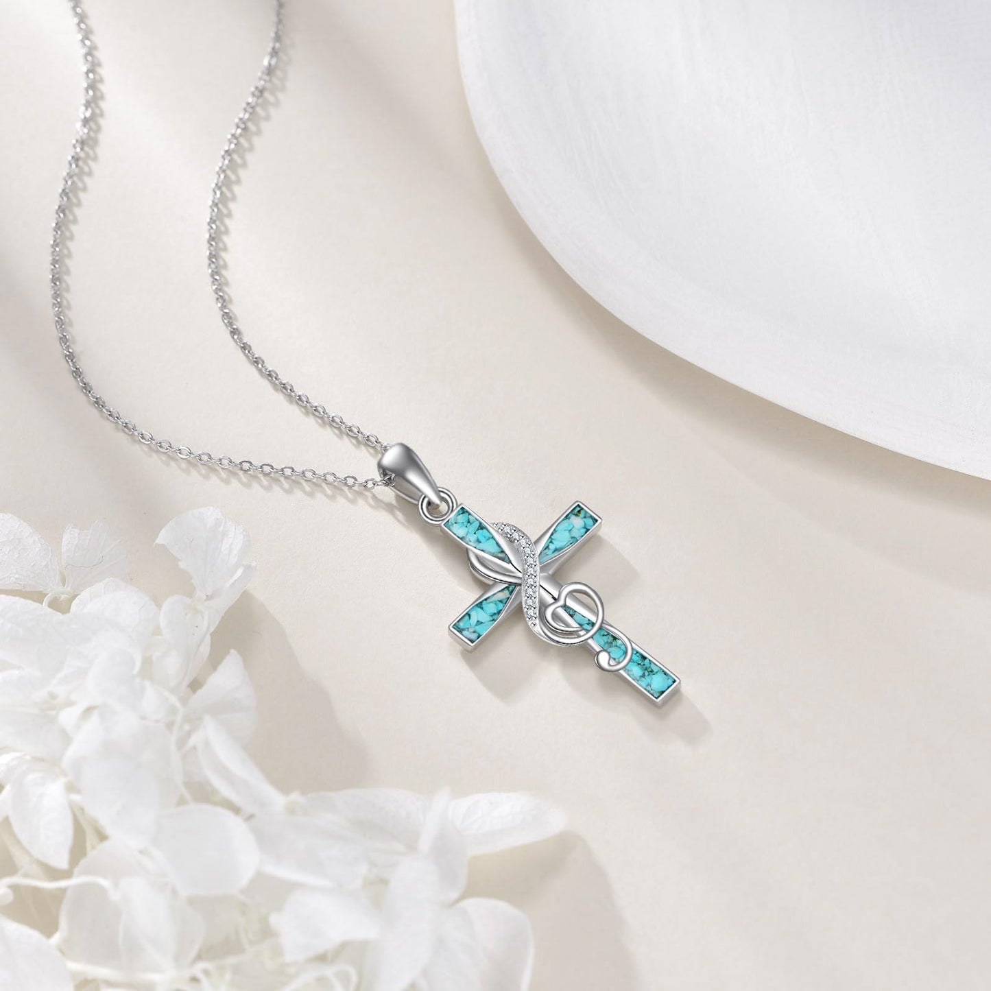 ONEFINITY Turquoise Cross Necklace 925 Sterling Silver Cross Pendant Music Necklace Religious Jewelry Gifts (Music Note Cross)