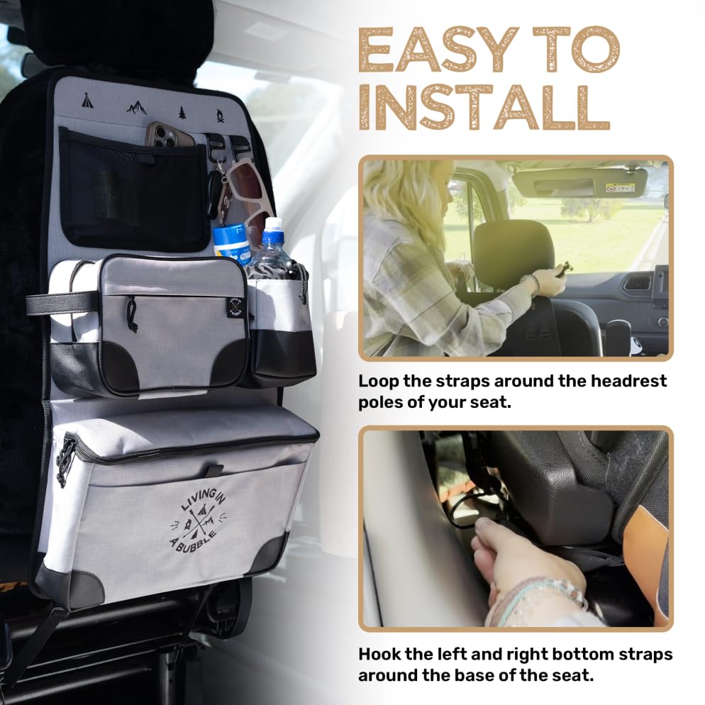 Living in a Bubble Seat back Organizer – Magnetic Toiletry and Cooler Pouch, Cordura Car Backseat Storage with Device Holder & Hooks, Multi-Compartment Utility Bag for Campervans & Family Travel