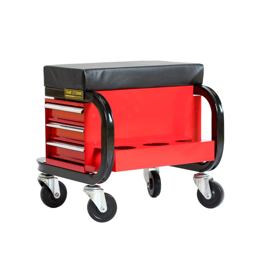 TANKSTORM Tool Box Built-in Creeper Seat, Garage Shop Roller Seat, 3 Drawers Heavy Duty Tool Chest with 4 Rolling Casters-350 Lbs Capacity