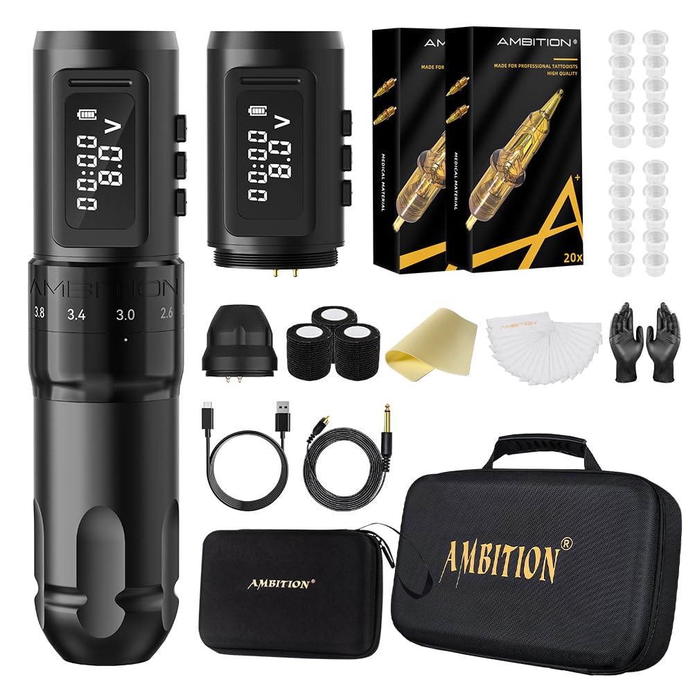 Tattoo Kit - Ambition Mars-U Wireless Tattoo Machine Kit with Adjustable Stroke 1800mAh Power Tattoo Gun Kit with 40pcs Tattoo Cartridges Needles Gloves Bandage Practice Skin for Tattoo Artists
