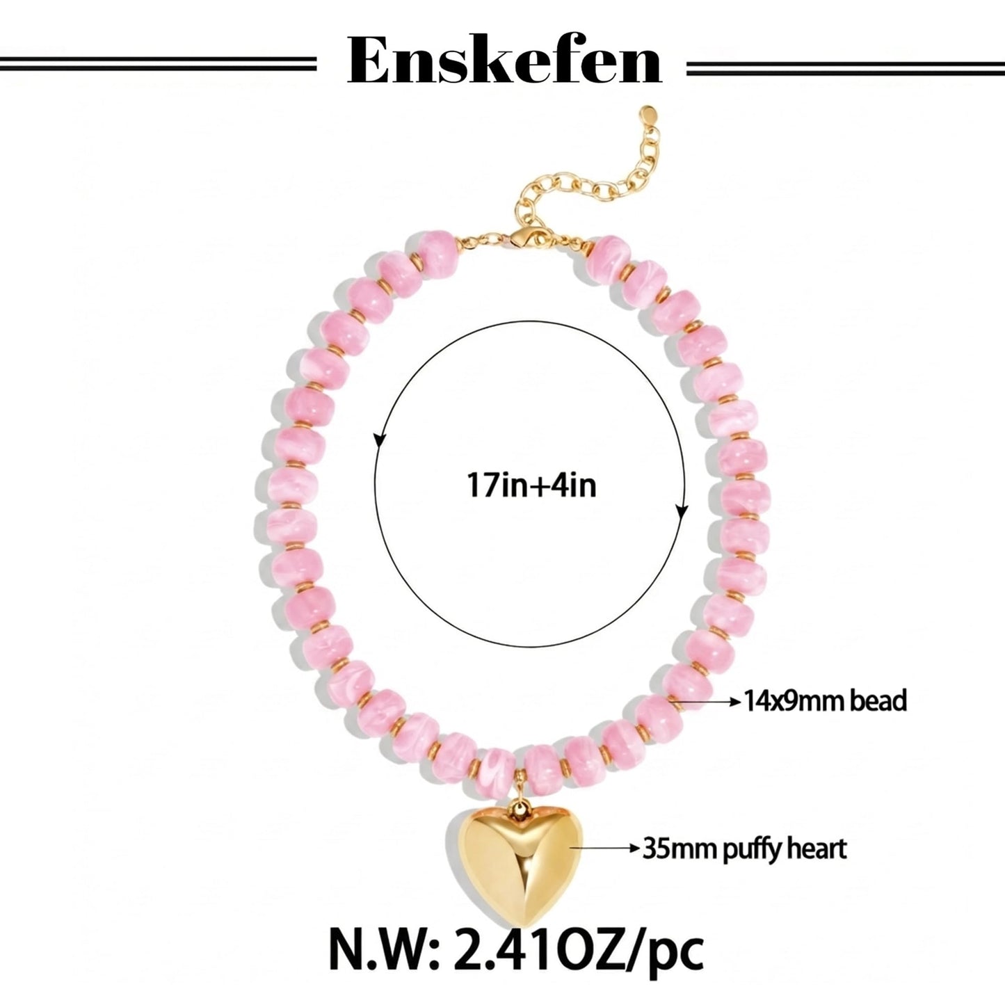 ENSKEFEN Chunky Heart Necklaces for Women Cute Pink Resin Beaded Choker Necklace Trendy Light Pink Statement Necklace Summer Beach Vacation Jewelry