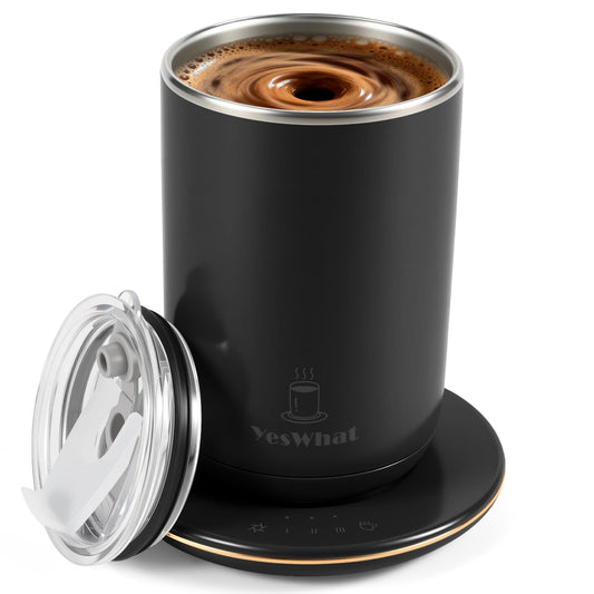 Temperature Control Self Stirring Coffee Mug with Lid, Automatic Heated Coffee Milk Cocoa Cup, Black 11 oz Smart Stainless Steel Mug Warmer with USB Type-C