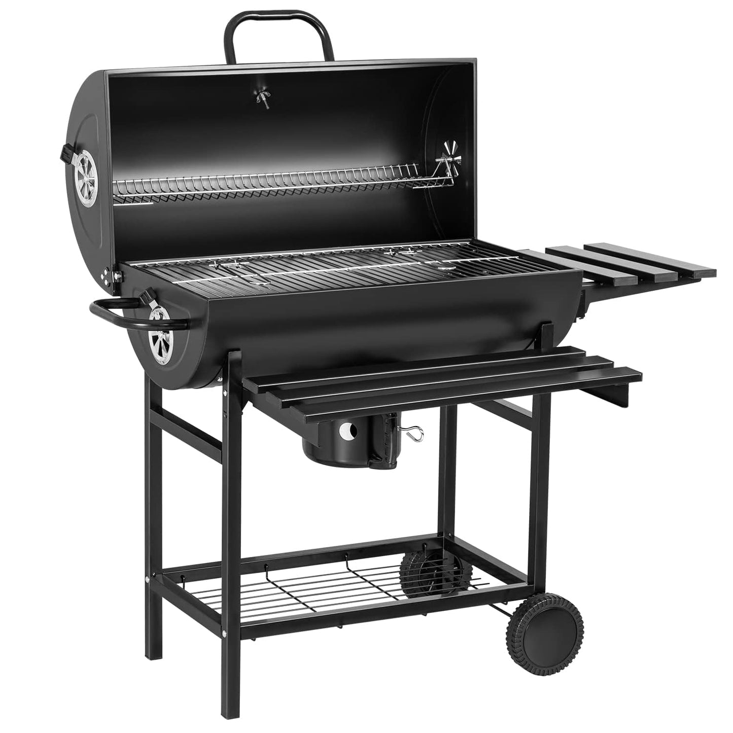 Flamaker Charcoal Grill Barrel style BBQ Charcoal Grill with Three Item Racks Thermometer Double-Layer Chrome-Plated Iron Baking Pan Ash Catcher for Camping Outdoor BBQ