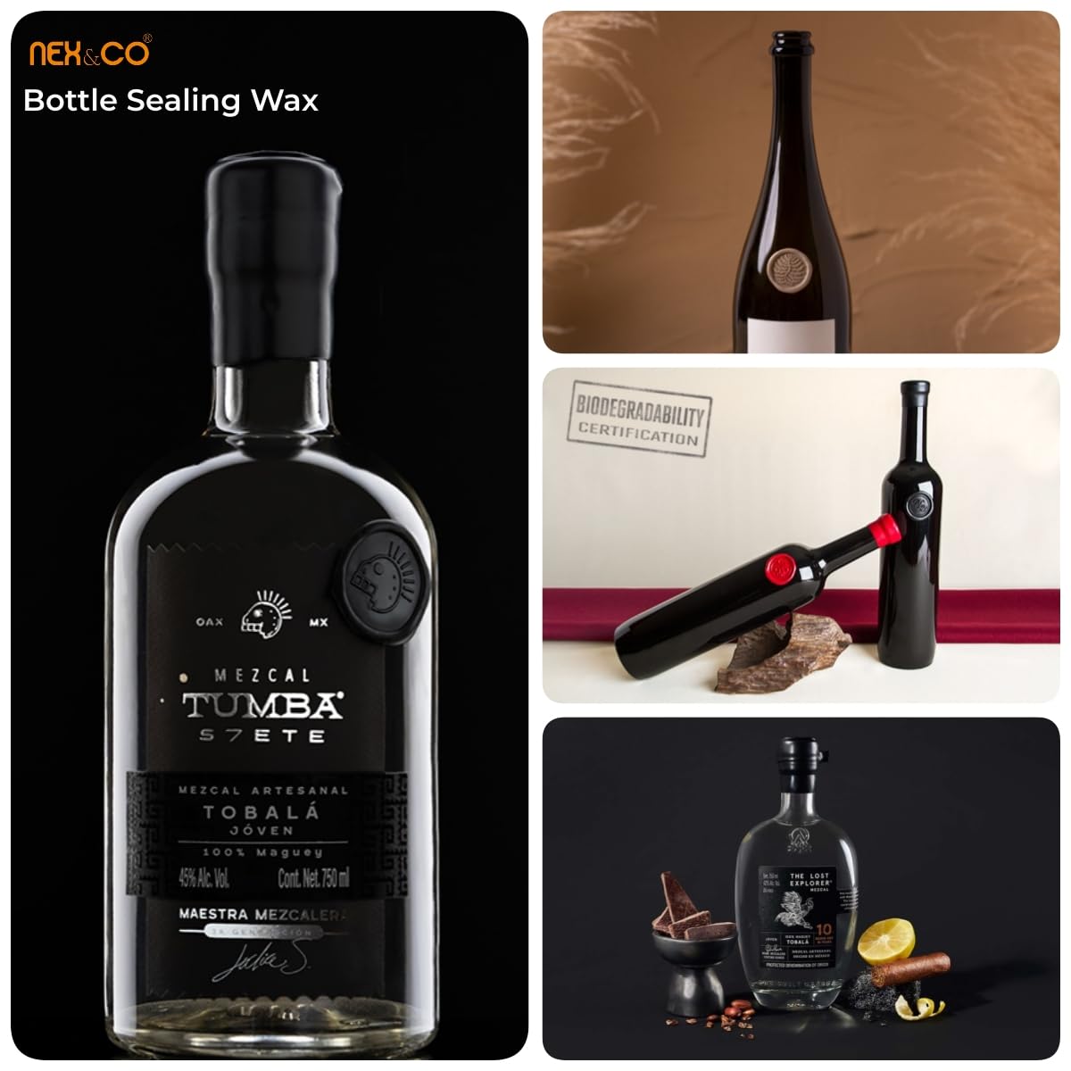 NEX&CO Bottle Sealing Wax Blocks - Resilient and Versatile Bottling Wax for Wine, Beer, and Liquor Bottle Sealing - 4 Black Nuggets 0.5lb with Teflon Tape - Seals 40-80 Bottles