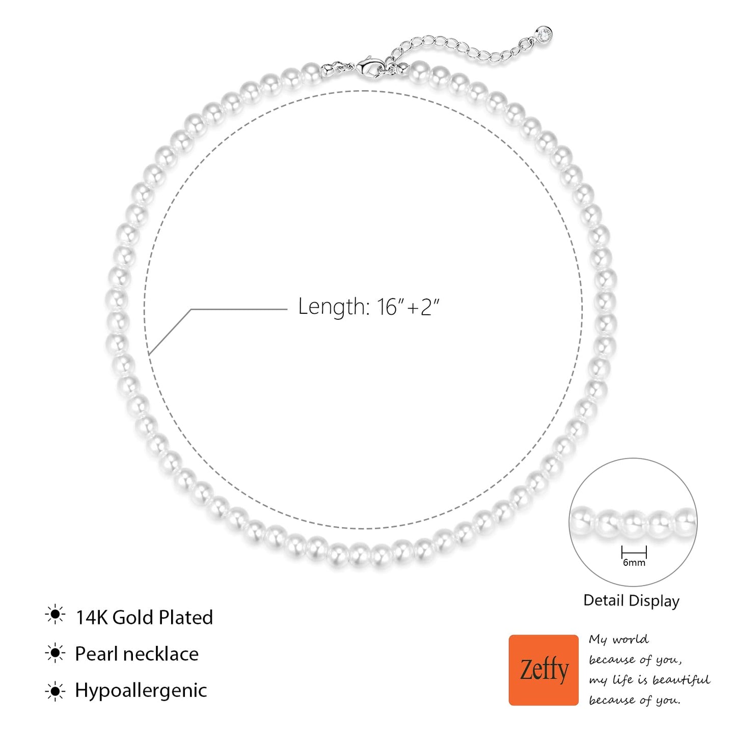Zeffy Pearl Necklace for Women, 6MM Dainty Round Imitation Pearl Choker Necklace Wedding Delicate Jewelry for Women Simple Bridesmaid Jewelry Gifts (16"+2")