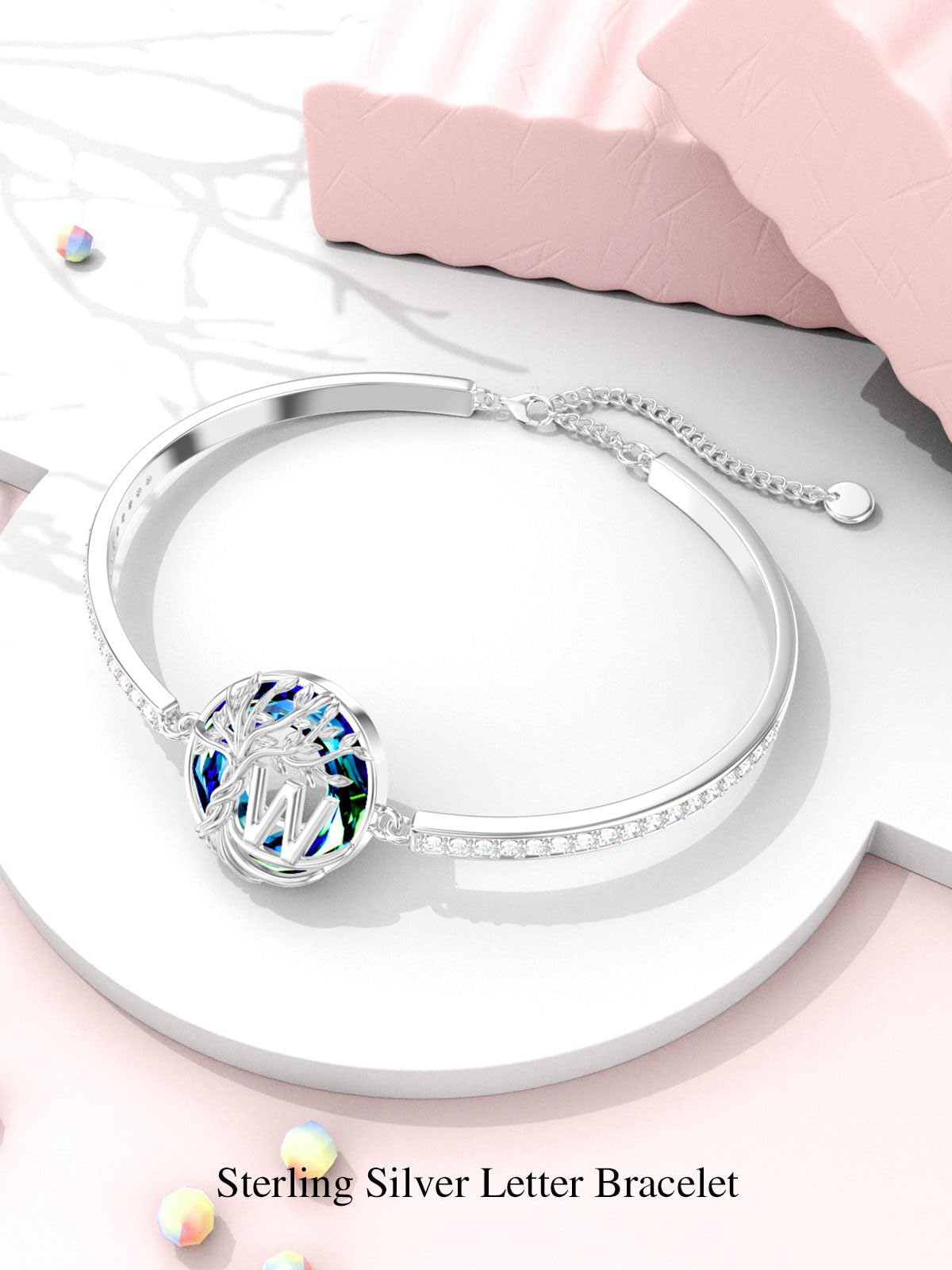 TOUPOP Tree of Life Bracelet Sterling Silver Initial W Letter Bangle Bracelet Family Tree Blue Crystal Jewelry Mothers Day Birthday Gifts for Women Mom Wife
