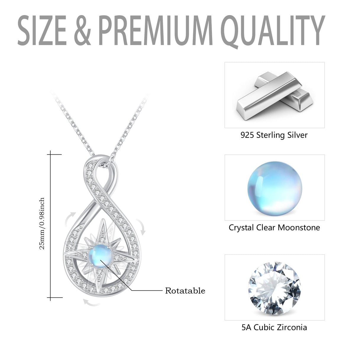 Silikepa Star Necklace for Women 925 Sterling Silver North Star Pendant Necklace Infinite Rotating Pendant with Moonstone Jewelry Gift for Women
