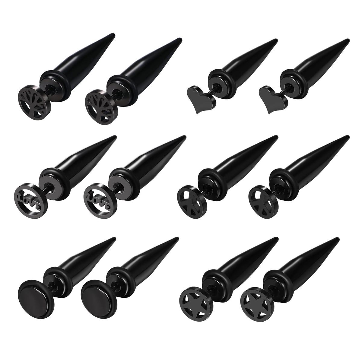 Aroncent 6PCS Stainless Steel Fake Taper Earrings for Men Women Punk Style Spike Hoop Earrings Stud Earrings Fake Plug Earrings Piercing Jewelry