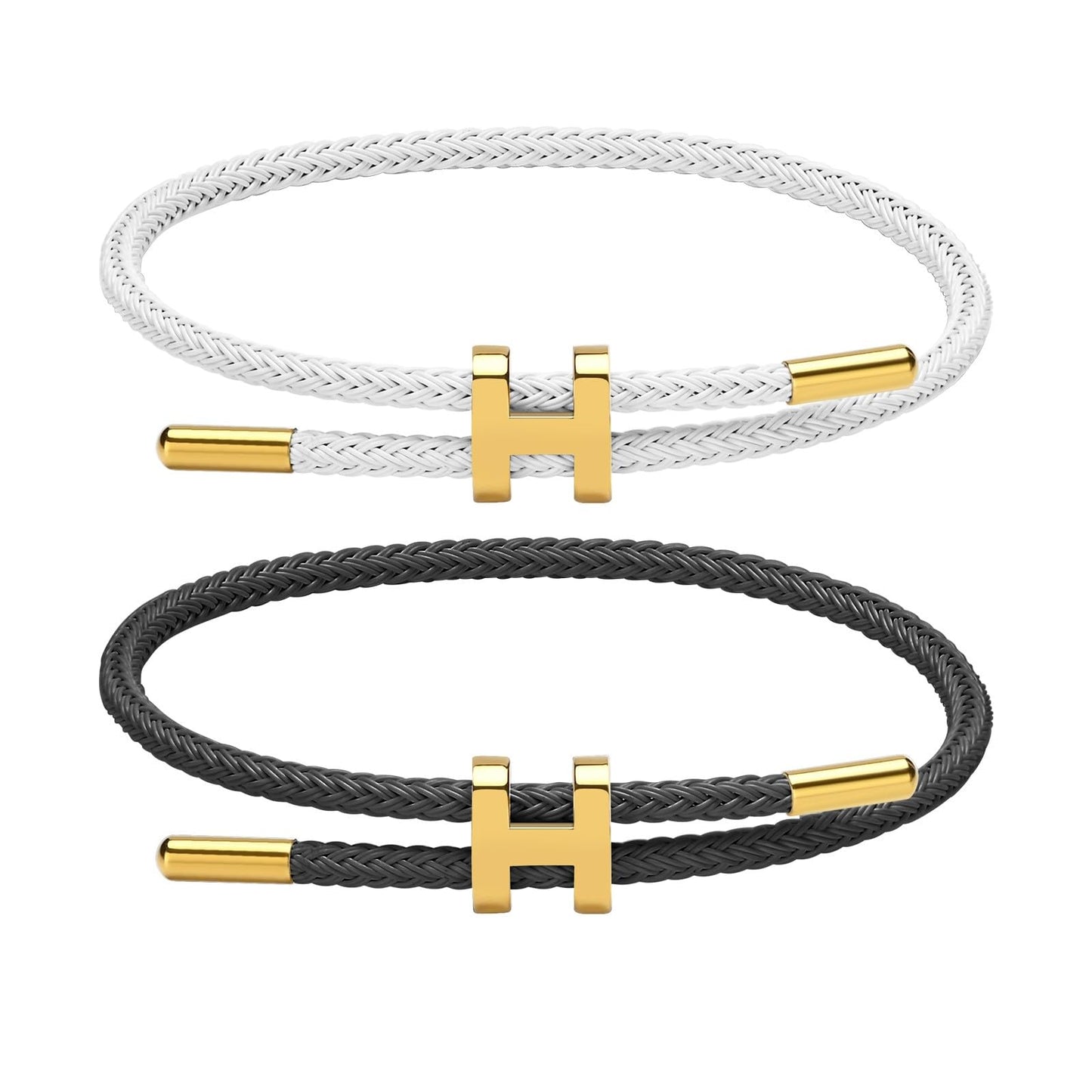 Hothink H Bracelets for Women,H Bangle and H Wire Rope Bracelet Set,Dainty Bracelets Set for Christmas Mothers Day Gifts for Women (Black and White Rope Bracelet)