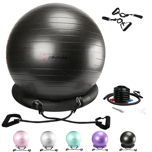 NEUMEE Yoga Ball Chair with 65cm Exercise Ball & 2 Resistance Bands, Stability Base for Home Office, Yoga, Pilates & Fitness, Balance Ball for Posture, Core Strength & Low Impact Workouts (Black)