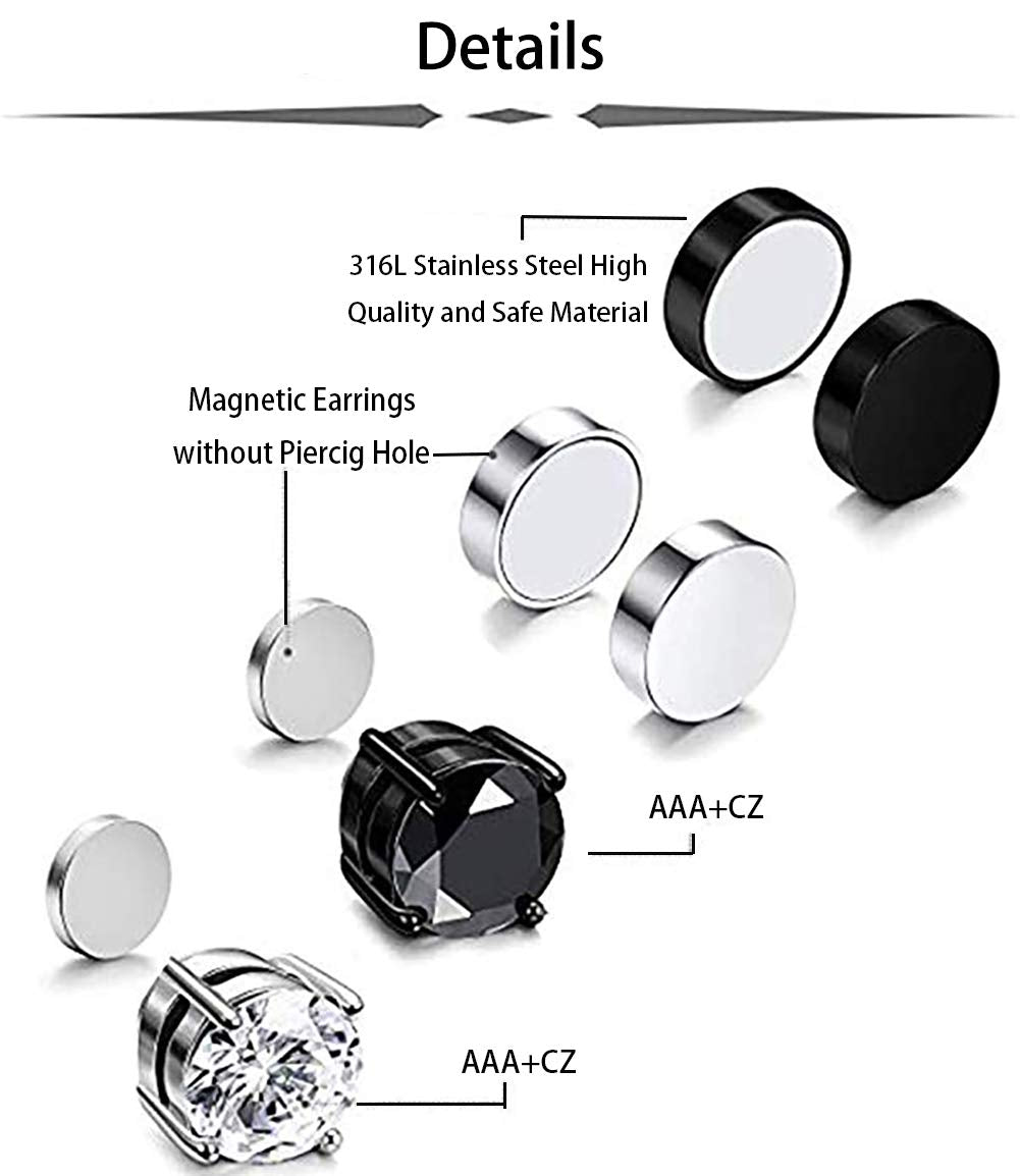 HENGYID 4 Pairs Stainless Steel Magnetic Stud Earrings for Men Women CZ Magnet Non Pierced Clip On Earrings Set 6MM