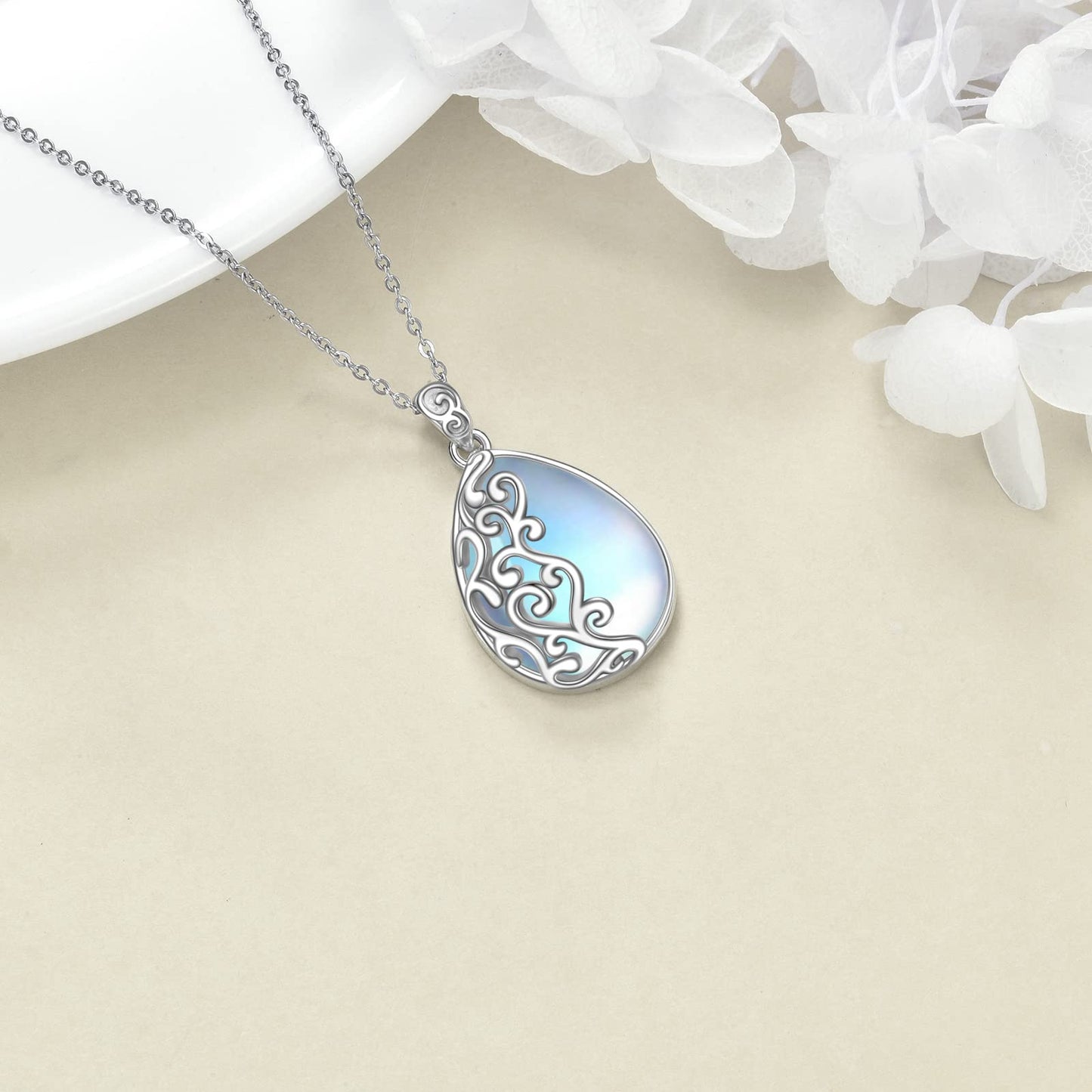YAFEINI 925 Sterling Silver Moonstone Necklace Filigree Teardrop Pendant Necklace Jewelry for Women (D-Filigree Moonstone Necklace)