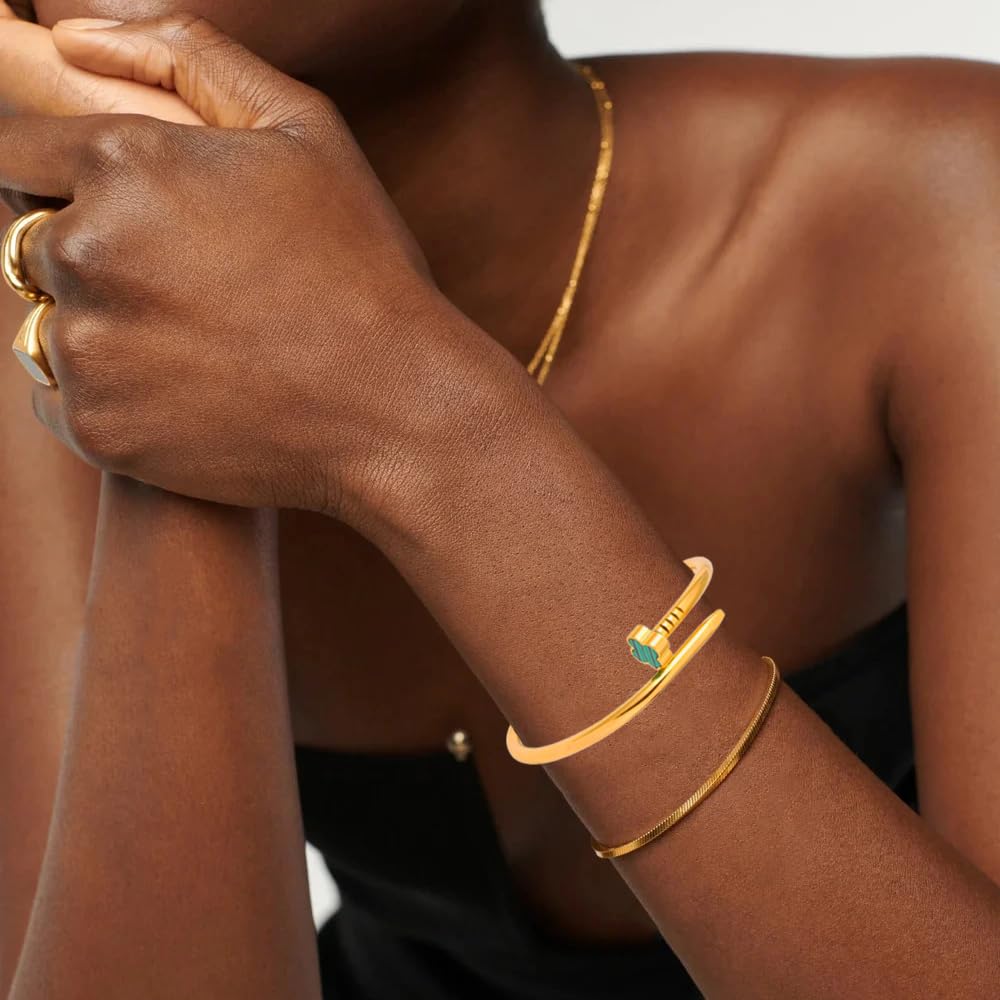 18K Gold Plated Love Nail Bangle Bracelet for Women,Stainless Steel Non-Tarnish Stackable Nail Bangle Couple Bracelet Love Trendy Jewelry Dainty Gold Bracelet Gift for Women