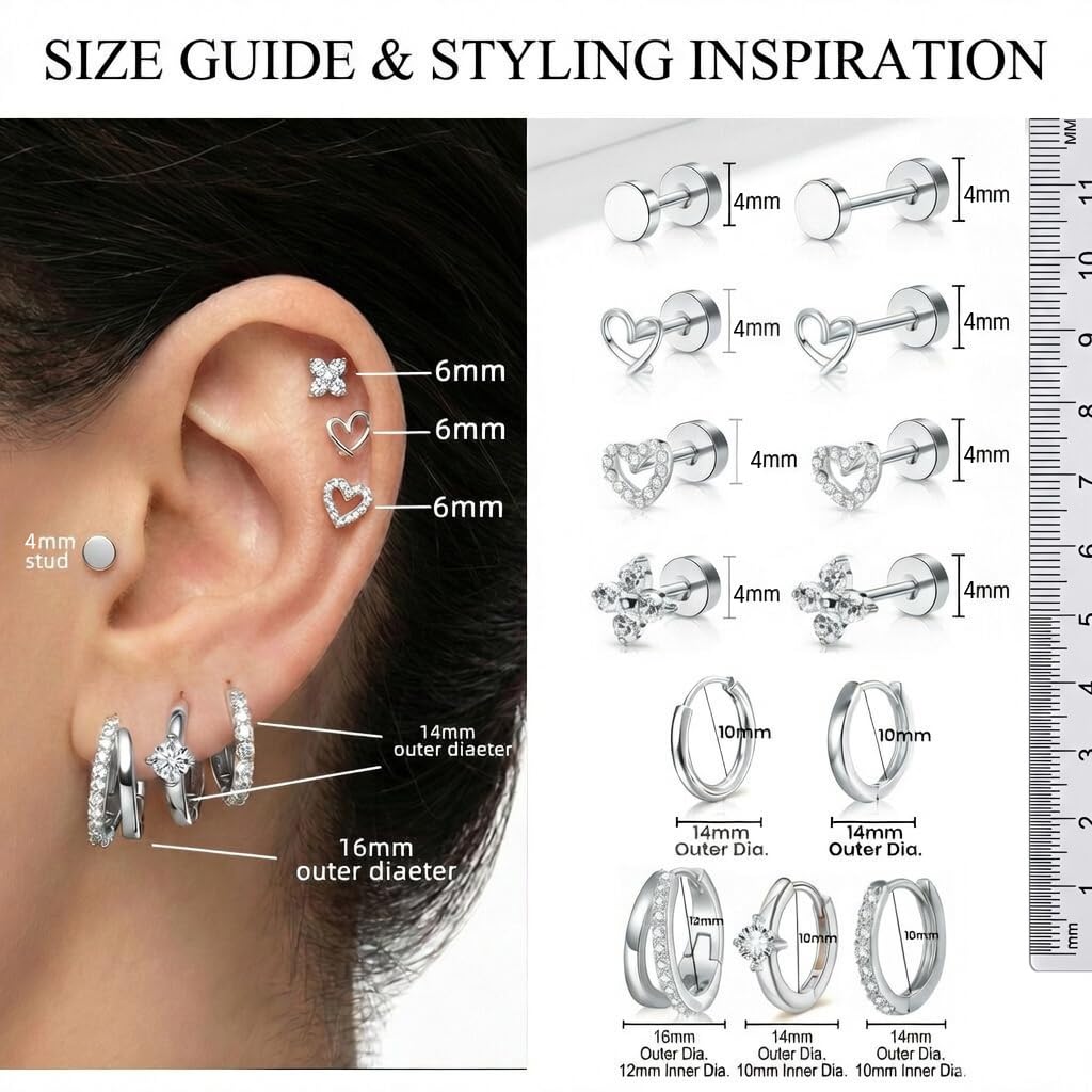Nunpag 9 Pairs Hypoallergenic Trendy Silver Flat Back Earrings for Women CZ Stones Studs Earring Circle Heart Clover Hoop Earrings Stainless Steel Jewelry Gift for Sensitive Ears