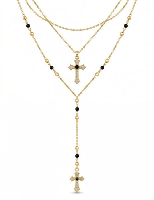 3PCS Layered Gold Cross Necklaces for Women Trendy, Bohemian Bead Pearl Y Long Pendant Necklace Set, Vintage Rosary Necklace Stack Adjustable Length