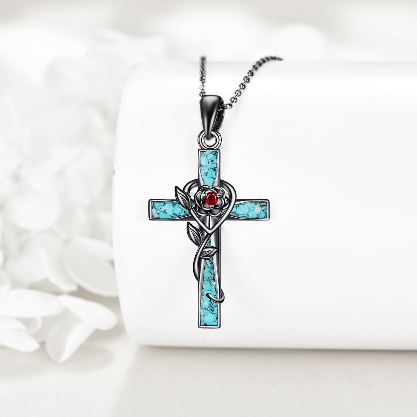 ONEFINITY Turquoise Cross Necklace 925 Sterling Silver Black Cross Pendant Necklace Jewelry Gifts For Women