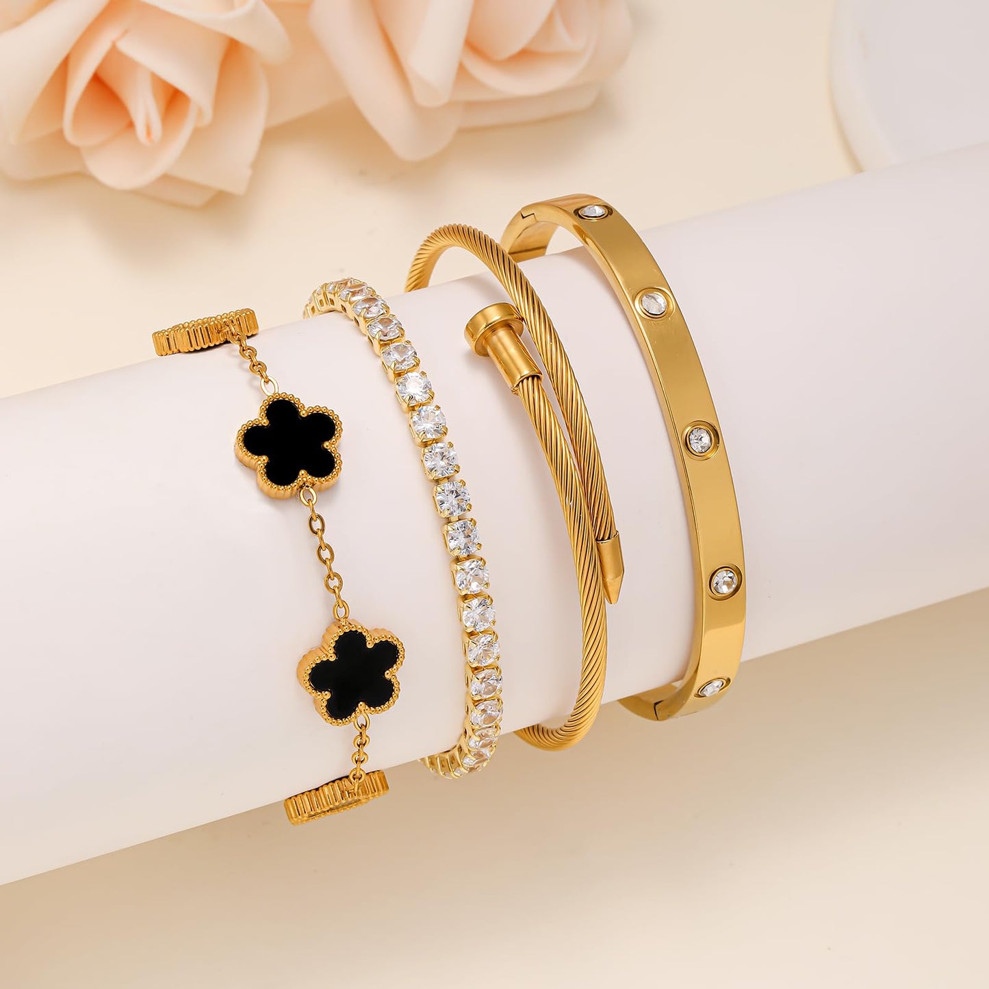 Gold Bracelets for Women, 18K Gold Plated Women Tennis Bracelets Clover Nail Love Bangle Bracelet Set, Gold Bracelet Stackable Set Trendy Jewelry, Gifts for Women's Day and Mother's Day (03-Color-black)