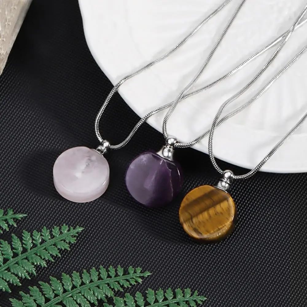 925 Sterling Silver Essential Oil Necklace For Women And Men, 14K Gold Filled Natural Stone Round Perfume Bottle Necklace, Essentials Oil Diffuser Vial Necklace (5 - Essential Oil Necklace)