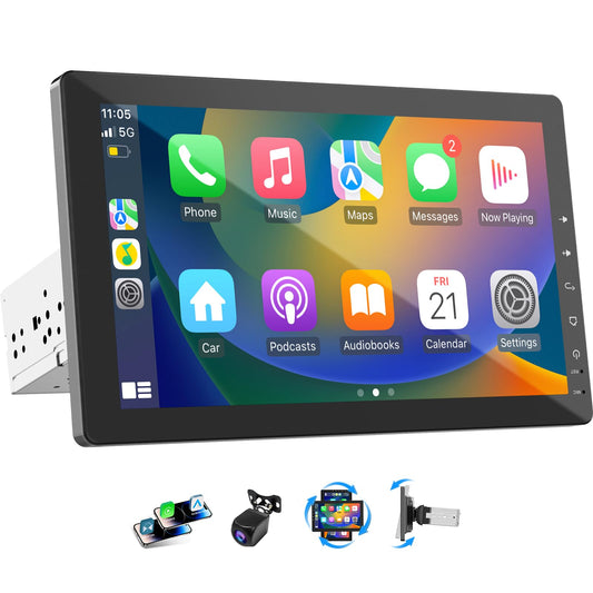 Haudio 10.1" Single Din Car Radio with Rotatable Touchscreen, Wireless Apple CarPlay, Android Auto, Touch Screen Radio, GPS Navigation, Bluetooth, Hi-Fi Sound, Voice Control, Backup Camera