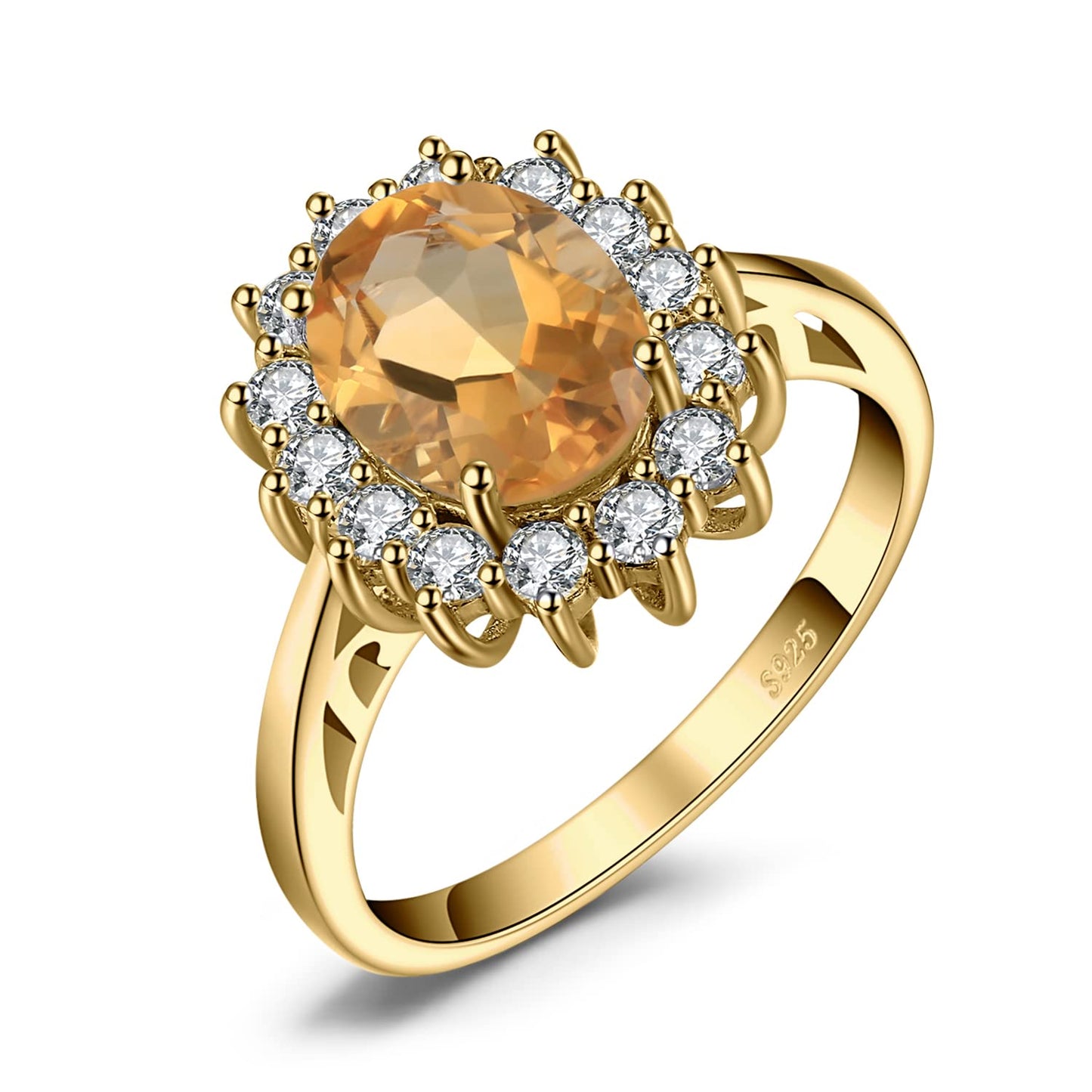 JewelryPalace Princess Diana Kate Middleton Gemstone Birthstone Yellow Amethyst Halo Statement Engagement Rings for Women, 14K Yellow Gold Plated 925 Sterling Silver Promise Rings for Her Size 10.5