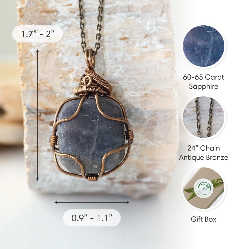Designs by Nature Gems Natural Certified Sapphire Necklace for Women - September Birthstone Necklace for Women - Designer Pendant Necklace - 60-65 Carat Sapphire, Antique Bronze Chain