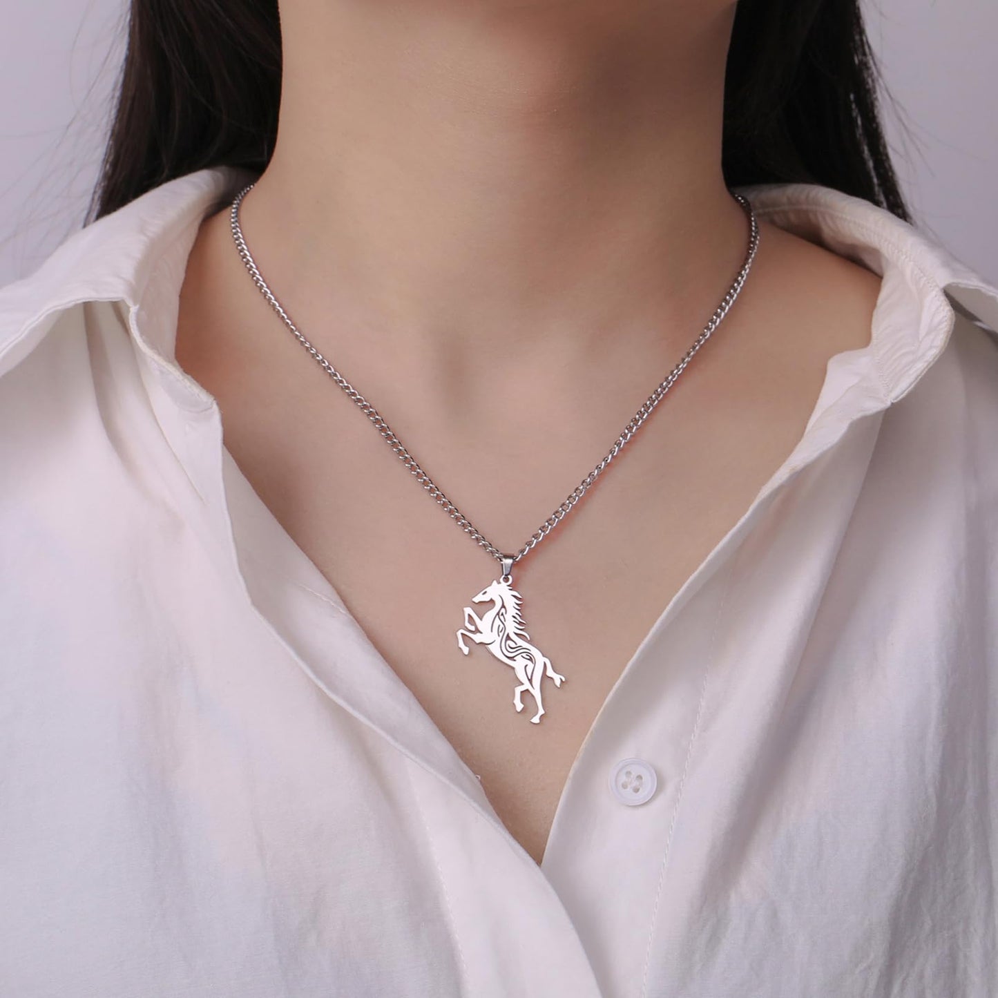 VASSAGO Horse Necklace for Women Men Stainless Steel Horse Pendant Necklace Animal Jewelry Horse Lover Gifts (silver)