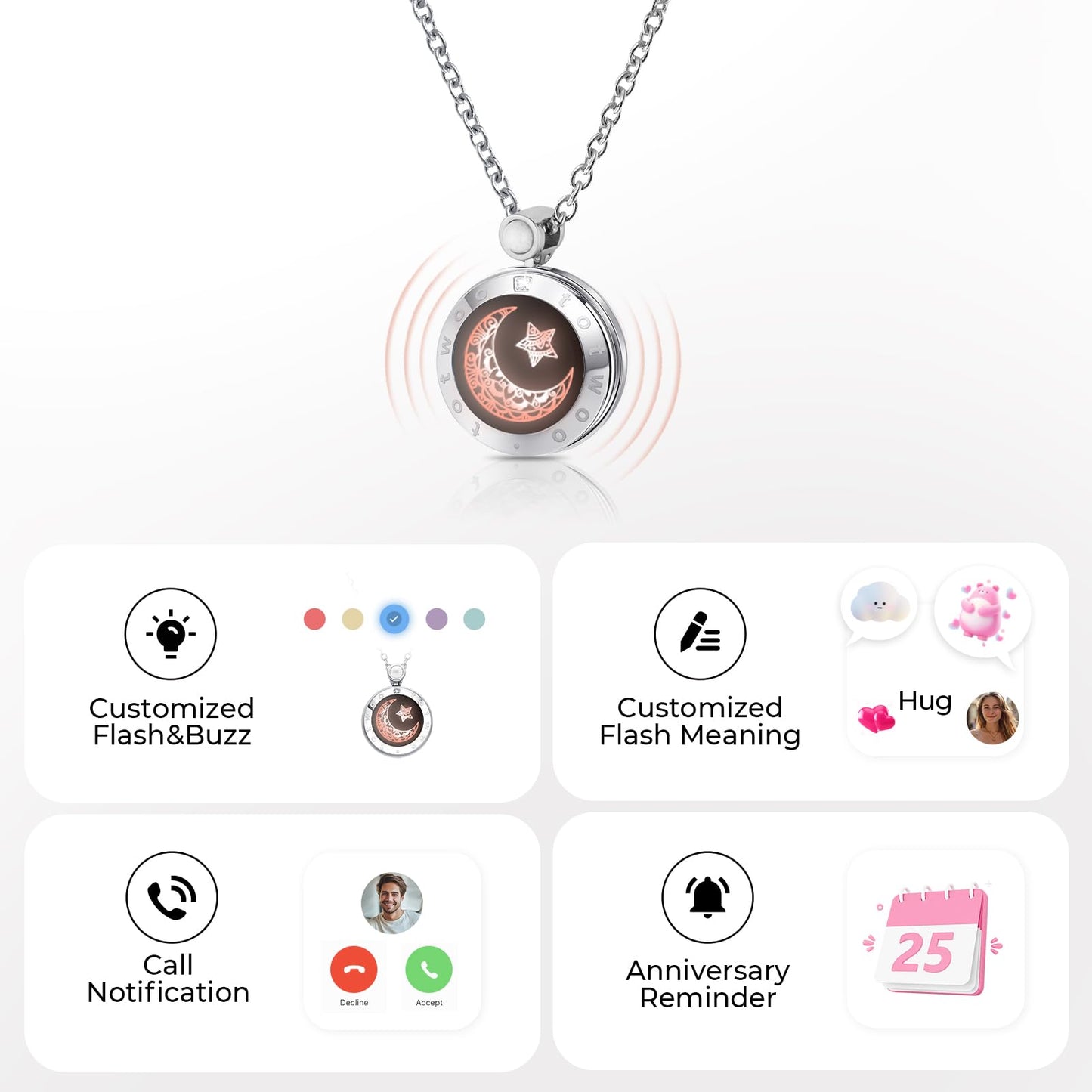 Single Long Distance Touch Necklace for Couples, Vibration & Light Up Smart Love Jewelry, Long Distance Relationship Gifts for Girlfriend Boyfriend Her Him, One-to-One Bluetooth Pairing via the Companion App, Silver Moon