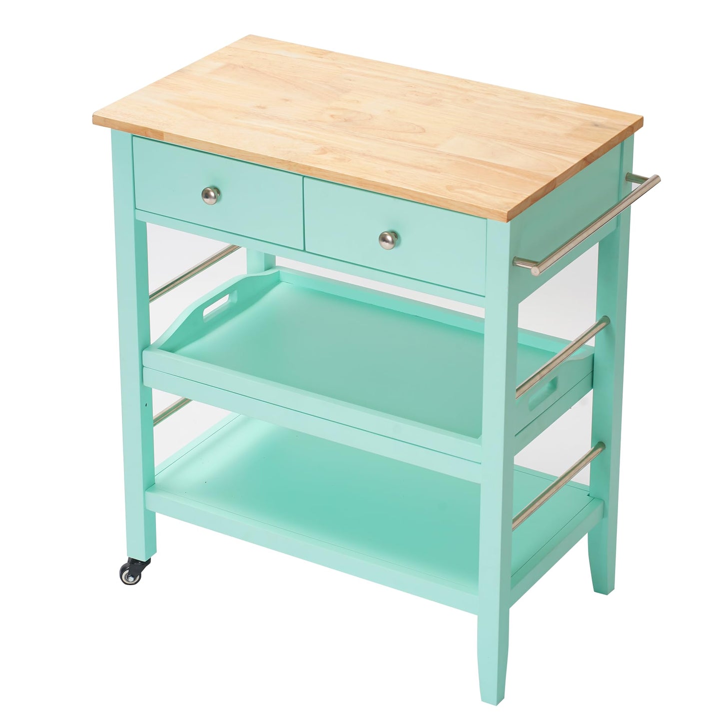 ARROWSTONE Rolling Kitchen Island Cart, Teal Kitchen Cart with Rubberwood Top, Ample Storage Drawers, Adjustable Shelves, Utility Cart with Wheels for Small Kitchens, 35” Height