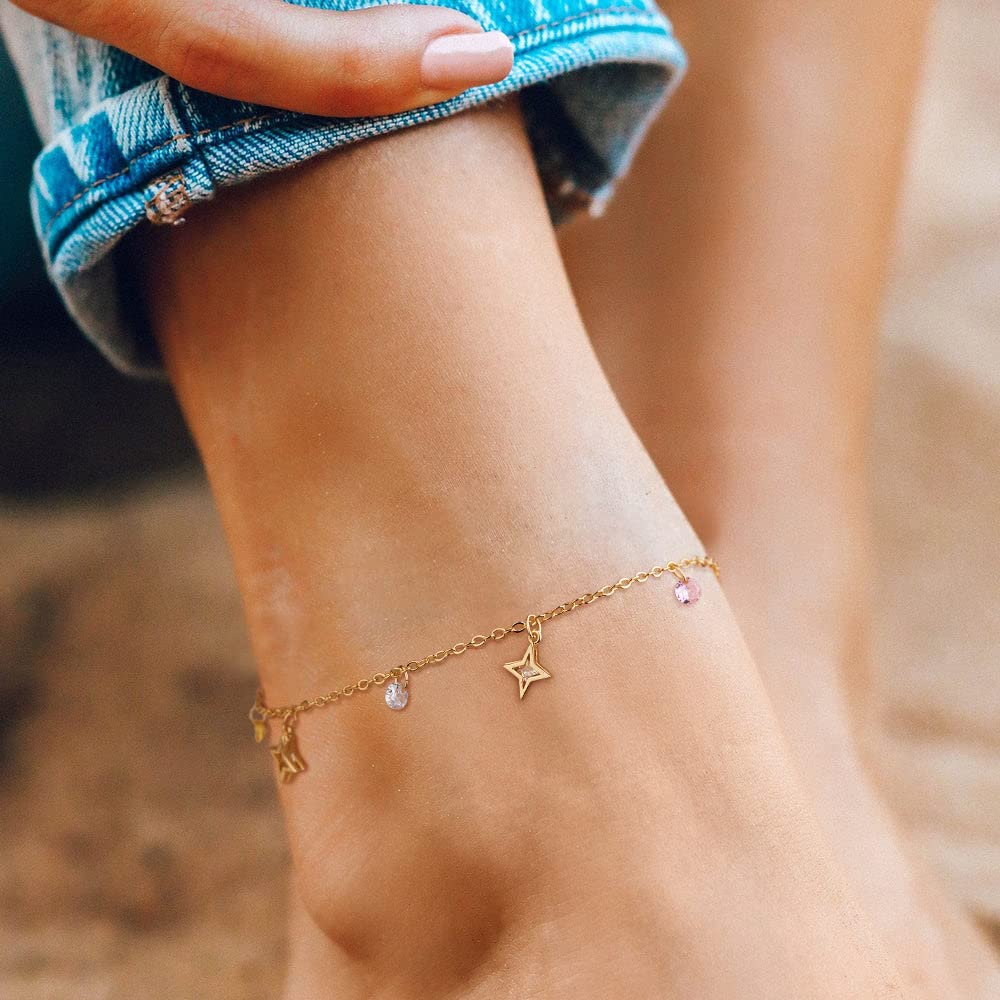 MTMY Gold Anklets for Women 14K Gold Plated Colorful Cubic Zirconia Tassel Foot Chain Dainty Cute Summer Beach Boho Anklets Jewelry Gift (cz star tassel)
