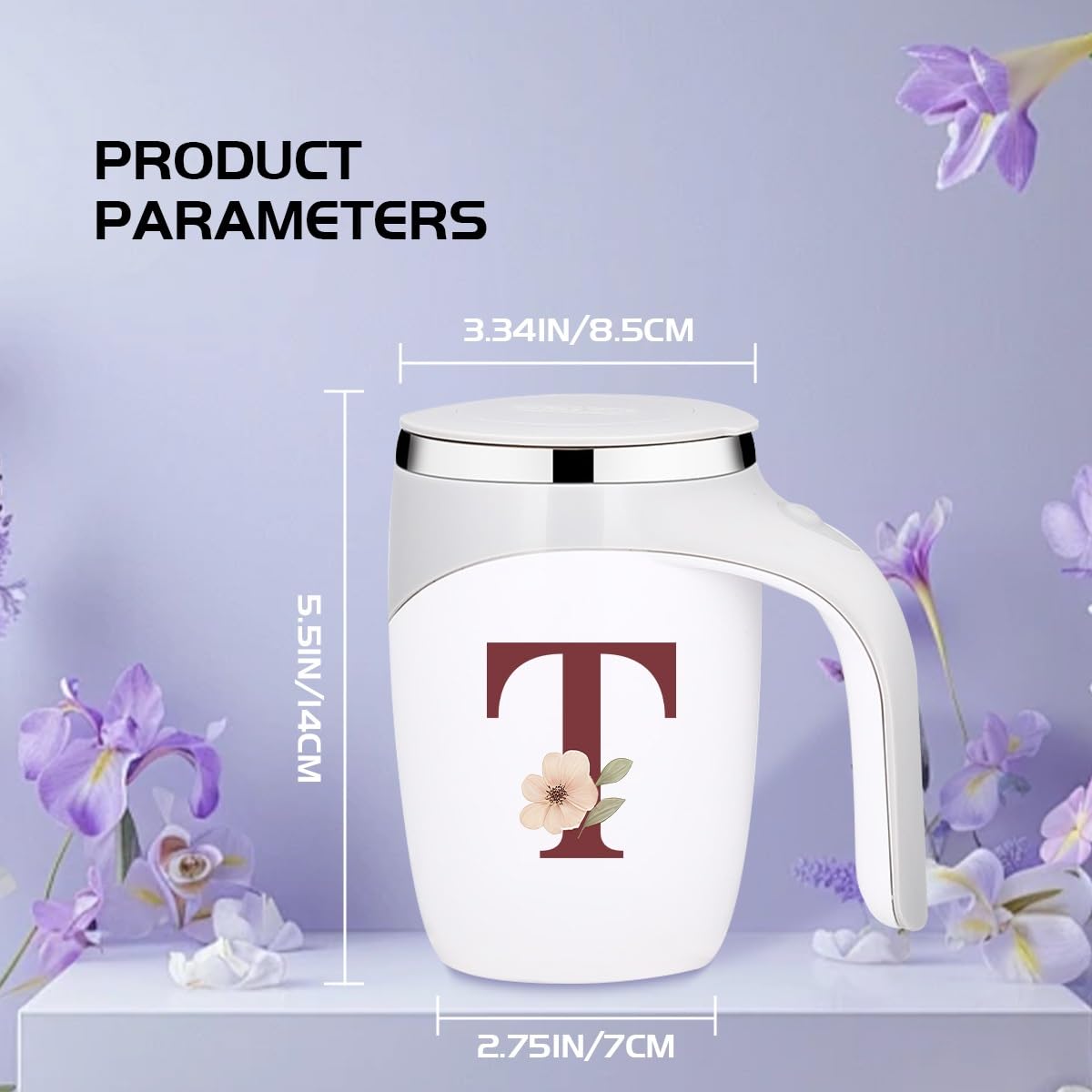 Self Stirring Coffee Mug, Personalized Initial Magnetic Stirring Mug, Stainless Steel Insulated Travel Cup Cool Women Birthday Christmas Unique Gift Husband Wife Mother Grandma Girlfriend Ideal
