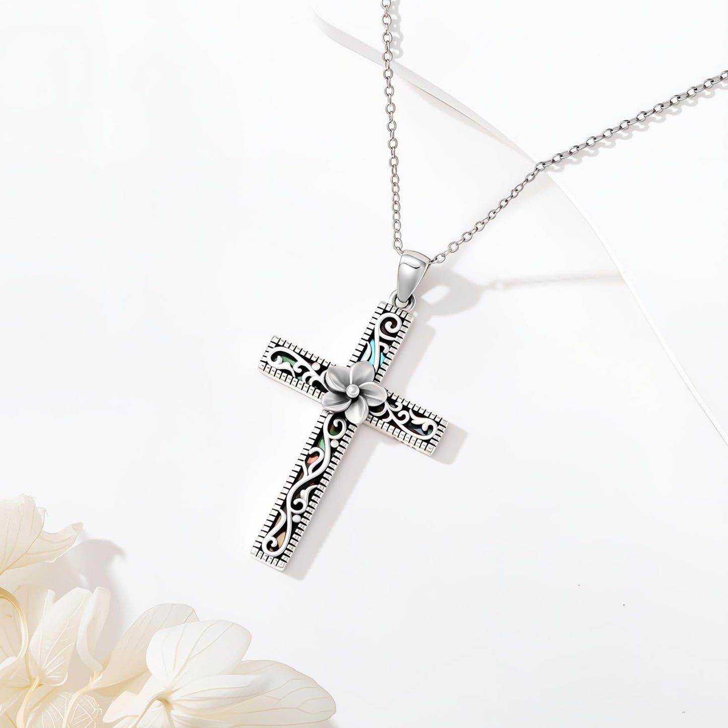 KoyeKei Plumeria Necklace for Women 925 Sterling Silver Hawaiian Plumeria Flower Necklaces Filigree Cross Religious Pendant Faith Hawaii Graduation Jewelry Mothers Day Gifts for Mom Wife Sister
