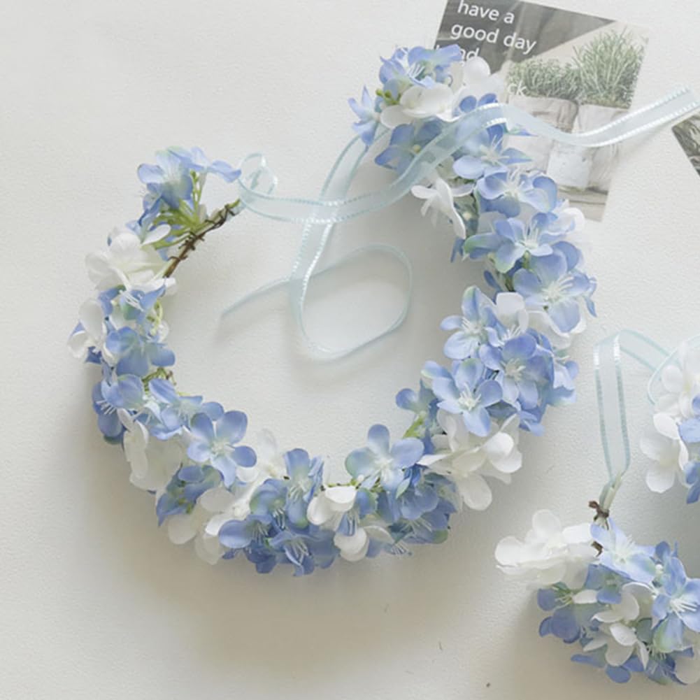 MAFELOE Floral Headband Garland, Adjustable Artificial Flower Headpieces with Ribbon for Women, Handmade Bridal Wedding Party Hairband-Blue+White