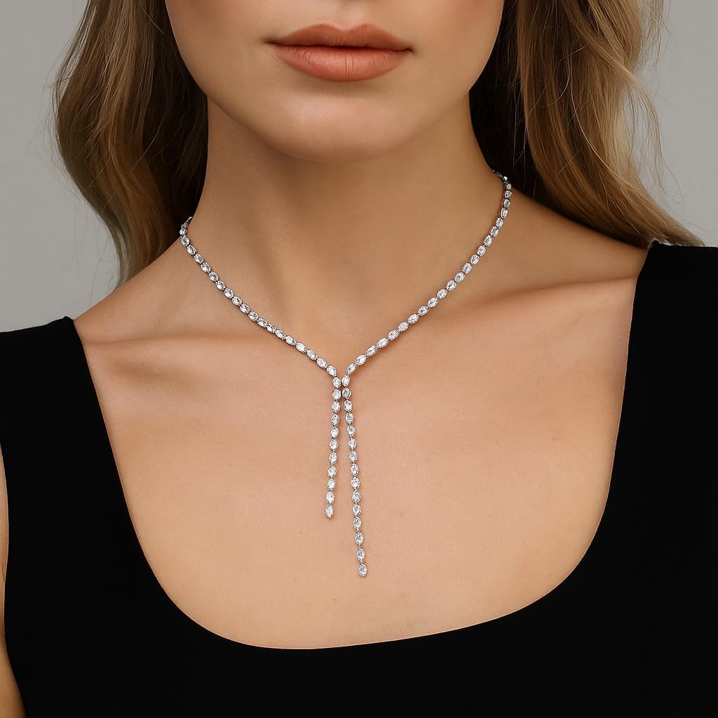 STONEFANS Rhinestone Long Necklaces for Women - Dainty Tennis Lariat Necklace Cute Silver Drop Necklace Simple Choker Necklace Party Prom Jewelry Bridesmaid Gifts