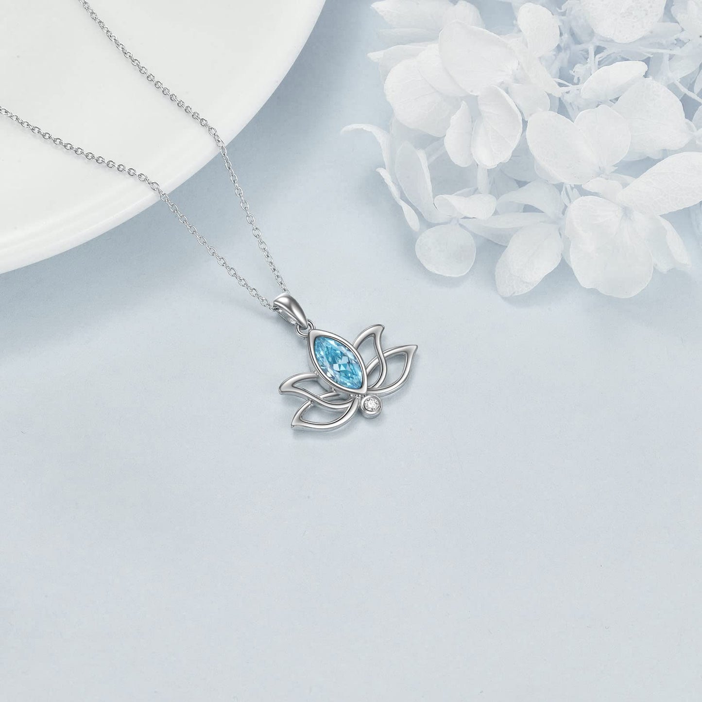 YFN Lotus Necklace Sterling Silver March Birthstone Pendant Created Aquamarine Jewelry Gifts for Women (Mar)