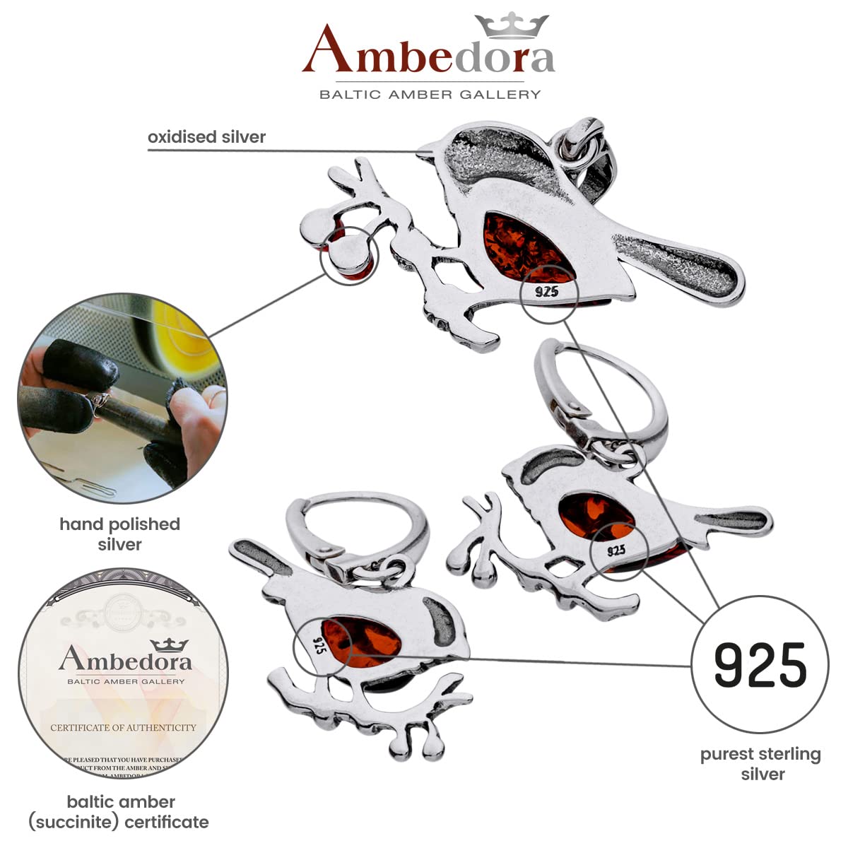 AMBEDORA Women's Jewellery Set Amber Sparrows, Oxidised Sterling Silver, Baltic Amber in Cognac Colour, Silver Pendant on Chain and Earrings