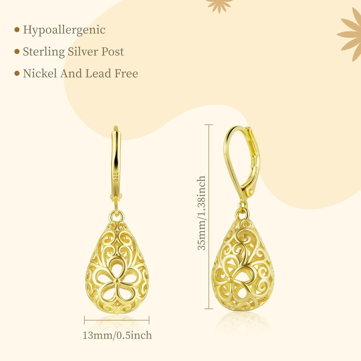 14K Gold Teardrop Dangle Earrings for Women Hypoallergenic Filigree Leverback Drop Earrings Jewelry Gifts